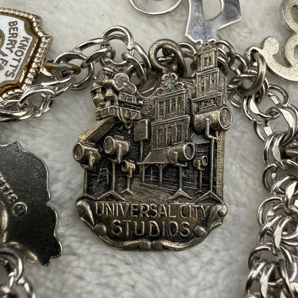Vintage Mostly Sterling Silver Charm Bracelet Travel Souvenir Disneyland 7in